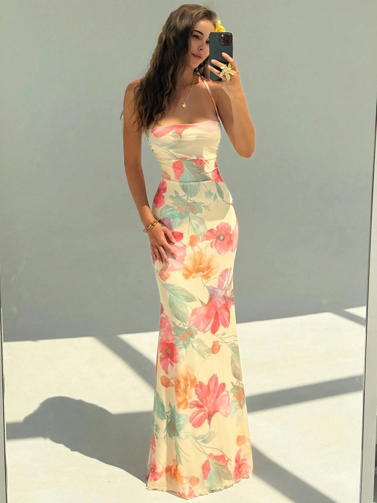 Women Floral Print Cross Tie Back Mermaid Maxi Dress Spaghetti Strap Backless Summer Vacation Beach Long Slip Dress
