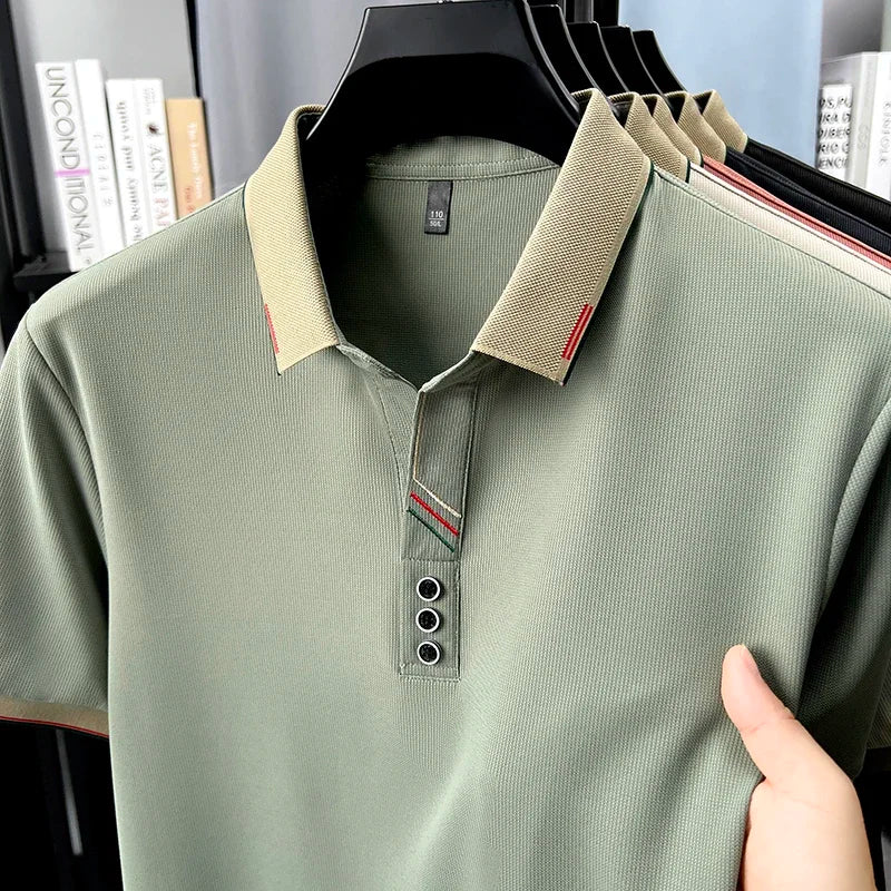 Men's Lapel Polo - Decorative Stripe Placket, Breathable Mesh