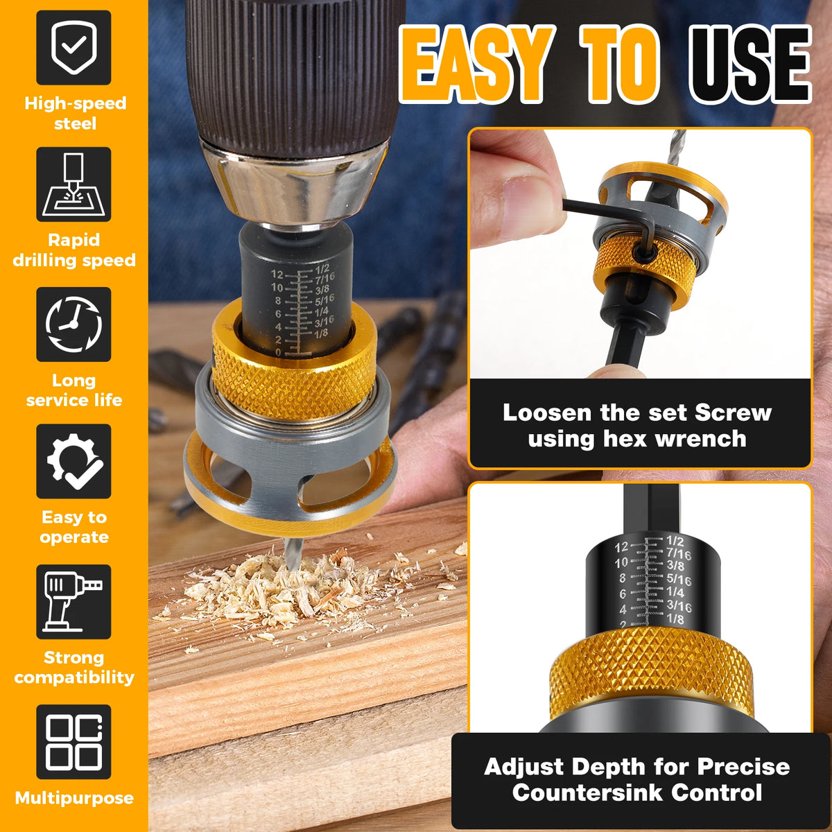 Countersink Drill Bit Set, Adjustable Depth HSS Wood Counterbore
