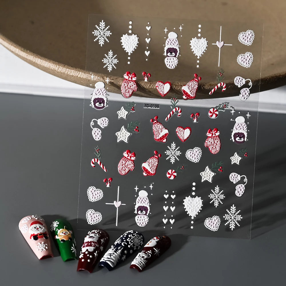 1pc Christmas Nail Art Stickers 5D Winter Holiday Themed Nail Decor Santa/Snowflakes/Christmas Trees/Gingerbread Nail Supplies *
