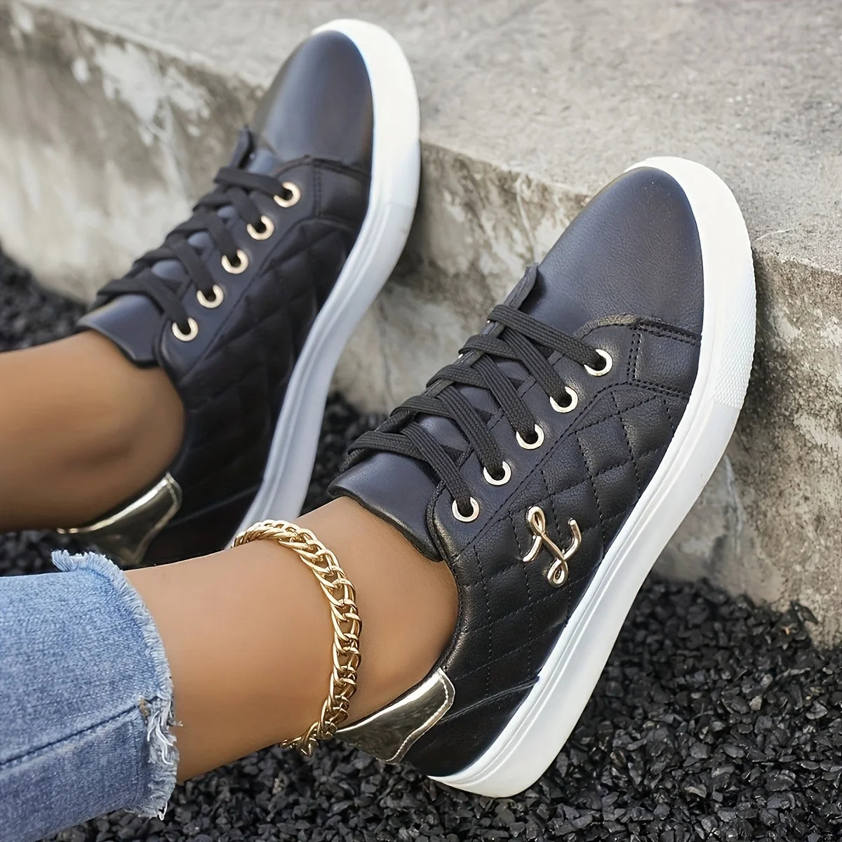Gold-Embellished Sneakers for Women — Lightweight Lace-Up Low-Top Casual Shoes