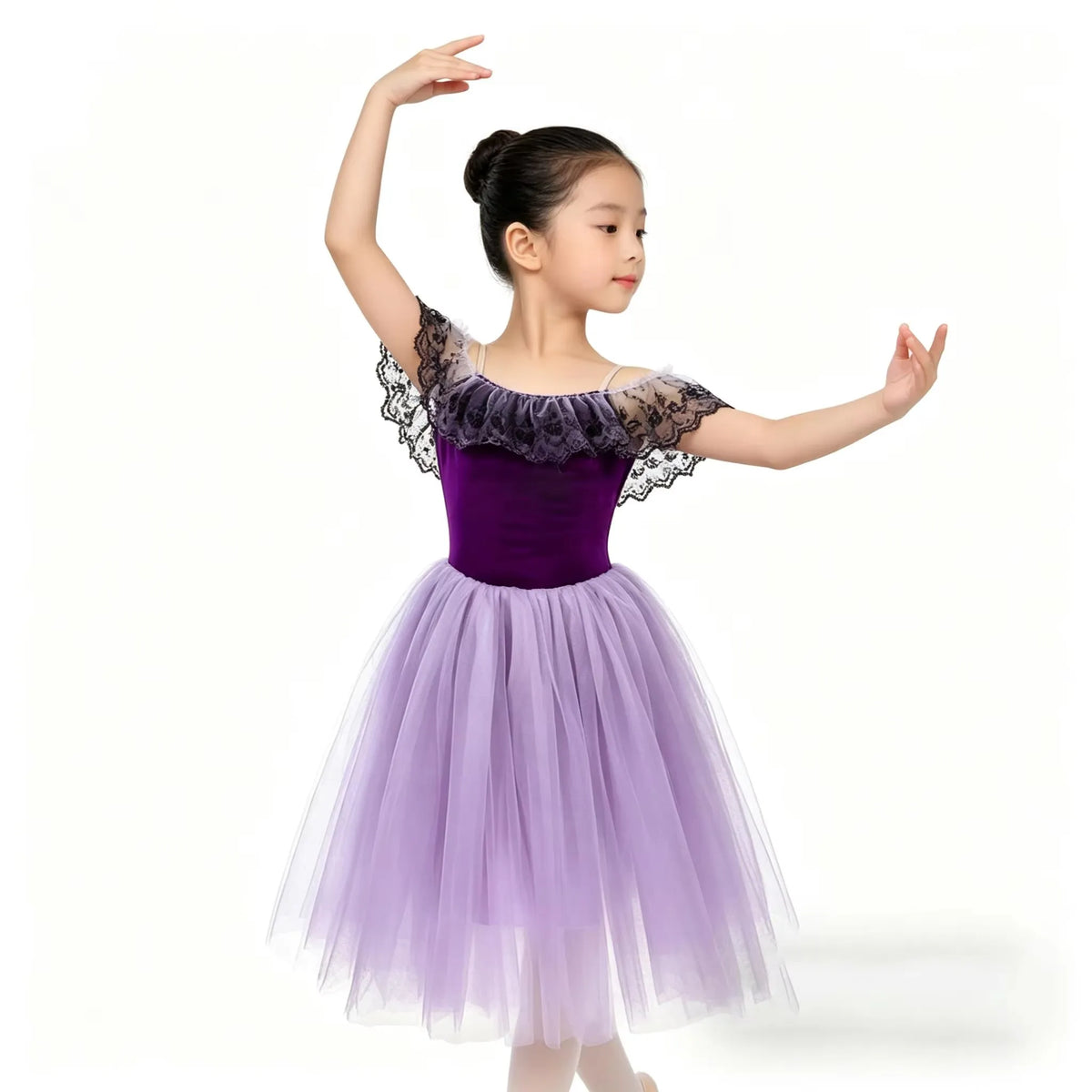 Girls black lace off-shoulder ballet tutu dress