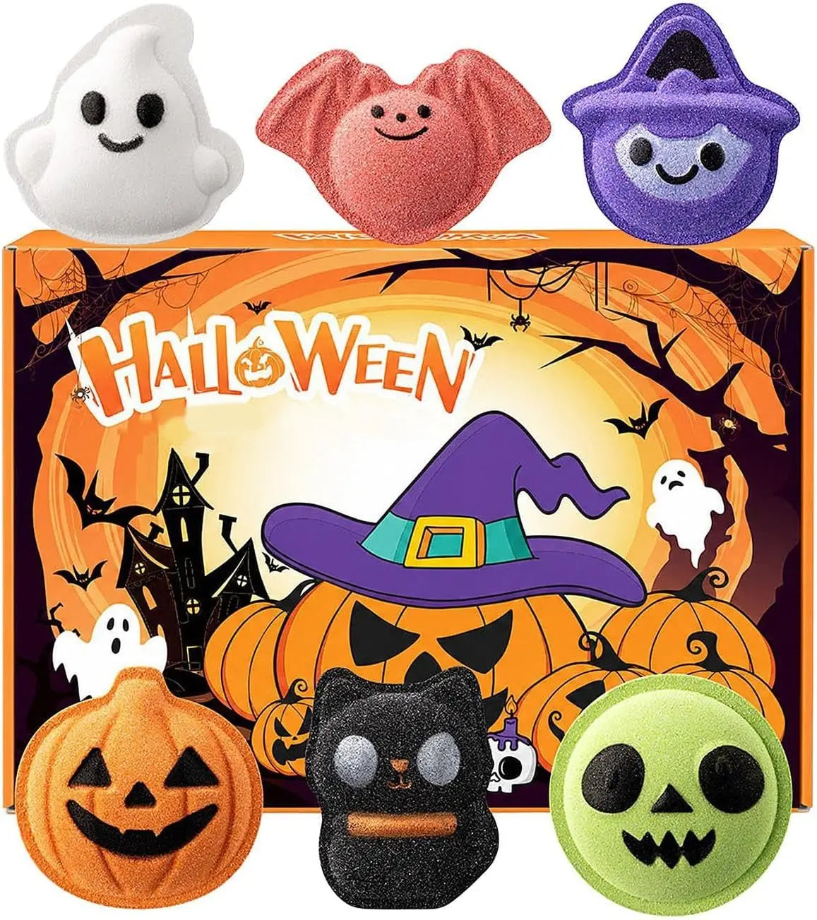 Halloween Bath Bomb Set, 6-piece, Weird Shape, Pumpkin Ghost Bat Witch Cat Bath Bomb Set, Halloween Boys and Girls Gift