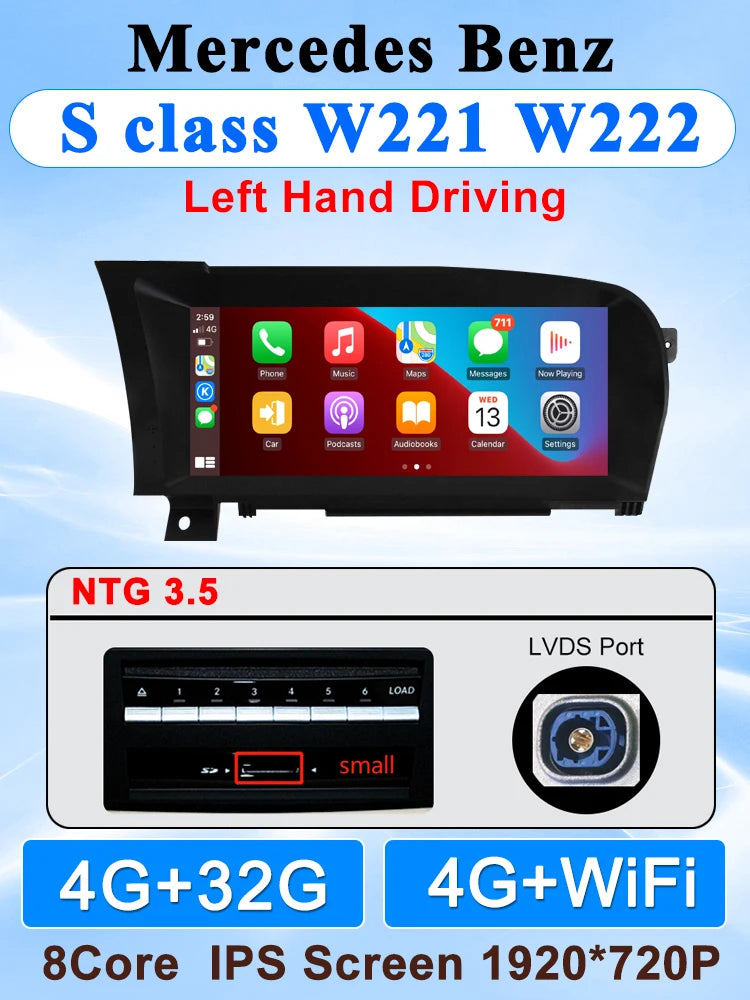 10.25" Wireless CarPlay & Android Auto Display Screen, Compatible with Mercedes-Benz S-Class W221 (NTG 3.0/3.5)