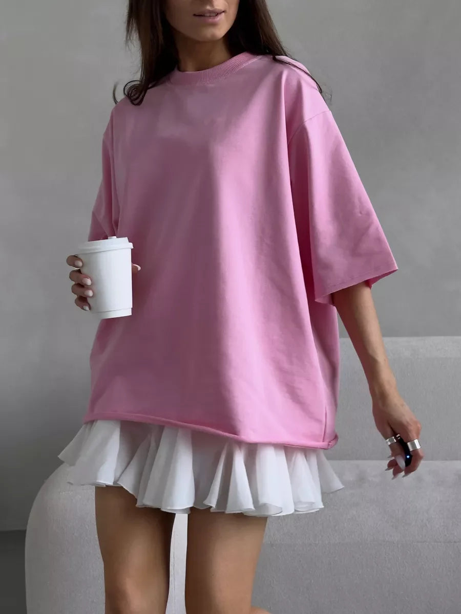 Hirsionsan Summer Casual Oversized T-shirts Women 100% Cotton Pink Loose Tees 2026 New Cusual Solid O Neck Female Aesthetic Tops