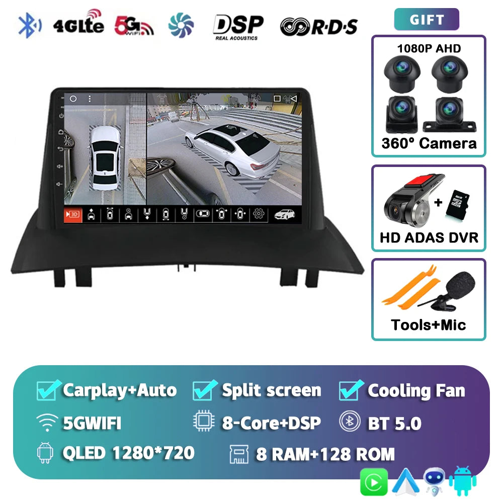 Android 16 For Renault Megane 2 2002-2009 2K QLED Android Car Radio Multimedia Video Player GPS Stereo CarPlay 4G Navigationv BT