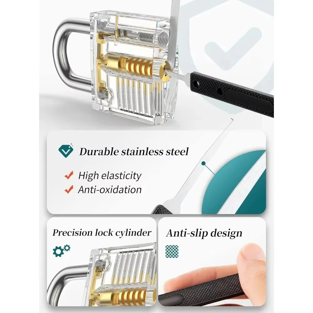 4-in-1/5-in-1 Lock Picking Kit, 10/12/15Pcs Locksmith Supplies with Transparent Lock & Storage Bag for Locksmith Training
