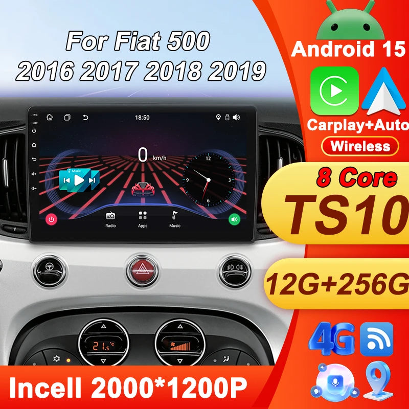 9 Inch 2 Din For Fiat 500 2016 2017 2018 2019 Carplay 4G Autoradio 360° Camera BT Smart Car Systems Carplay Auto Screen 5G Wifi