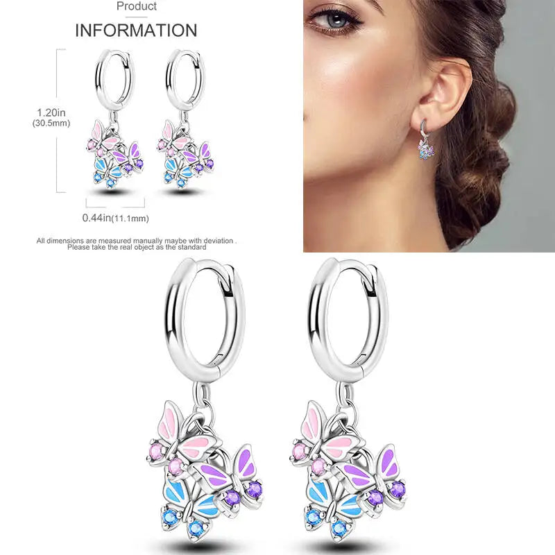 Sparkling Gold Woman Hoop Earrings 925 Sterling Silver Butterfly Colored Zirconium Earrings for Women Jewelry Anniversary Gift