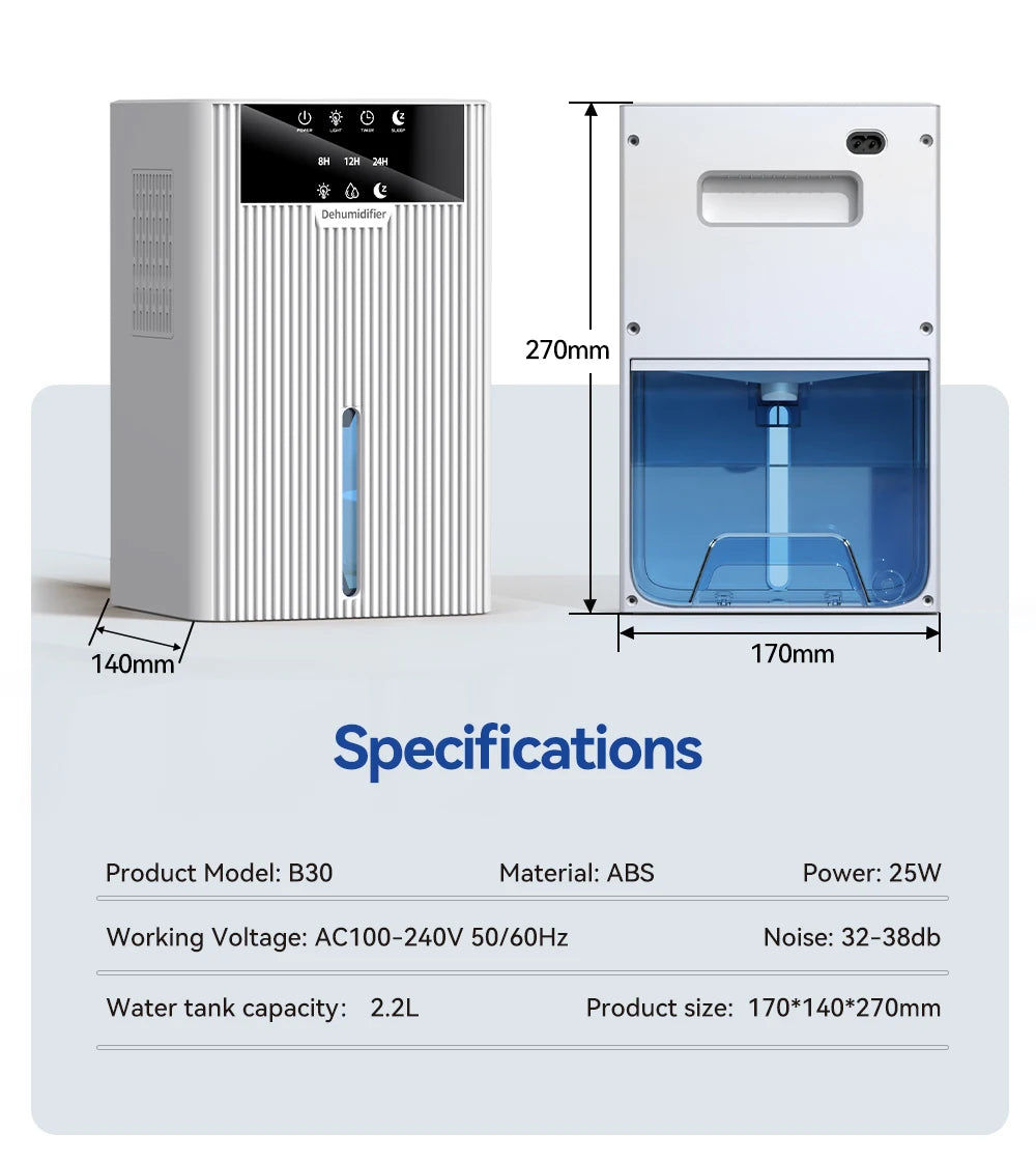 Portable Mini Dehumidifier 2.2L Water Tank for Living Room Bedroom Indoor Home Use - Efficient Air Moisture Absorber