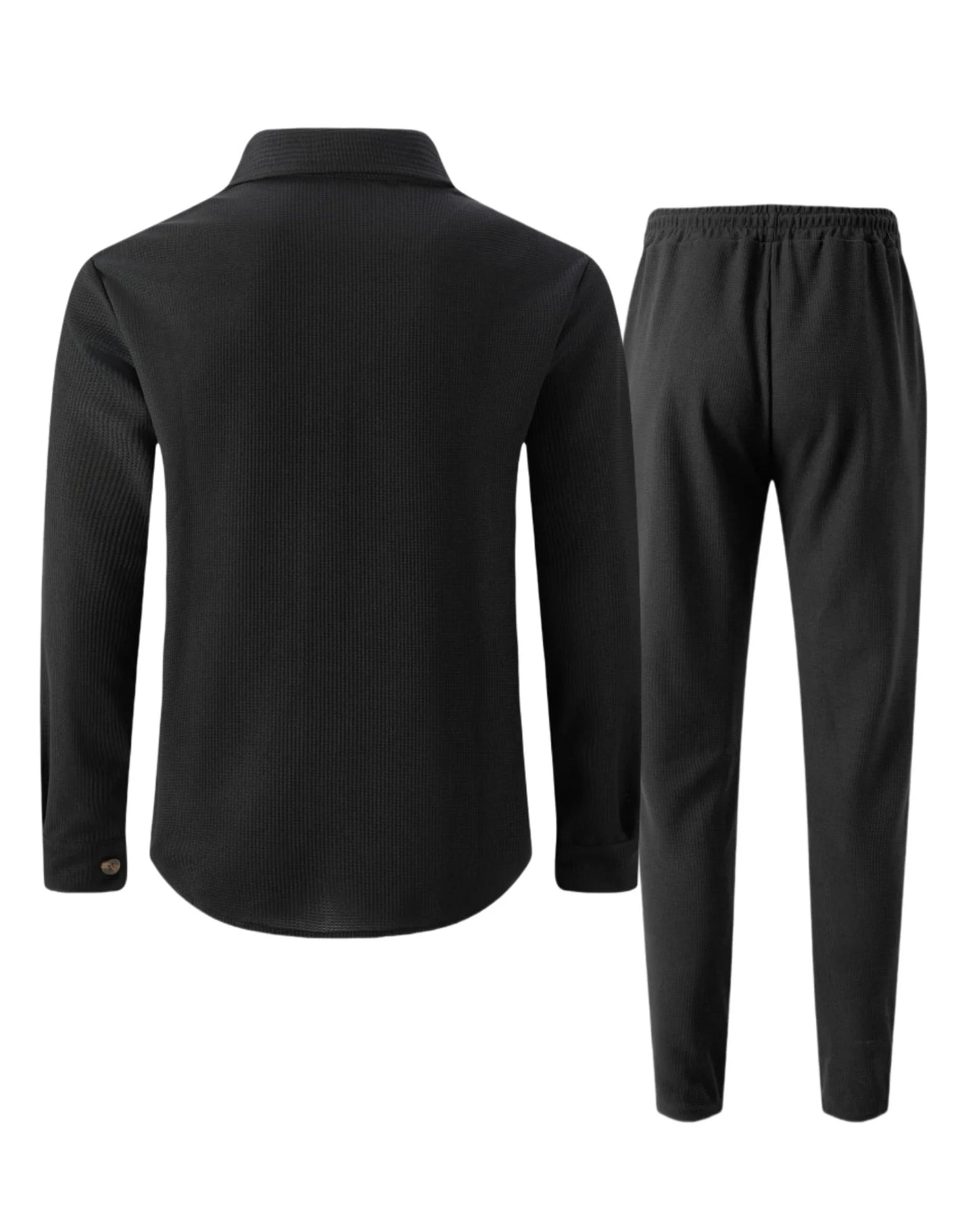 Men's casual two-piece waffle texture suit (including button-down top and elastic waist pants) - fashionable street casual sport