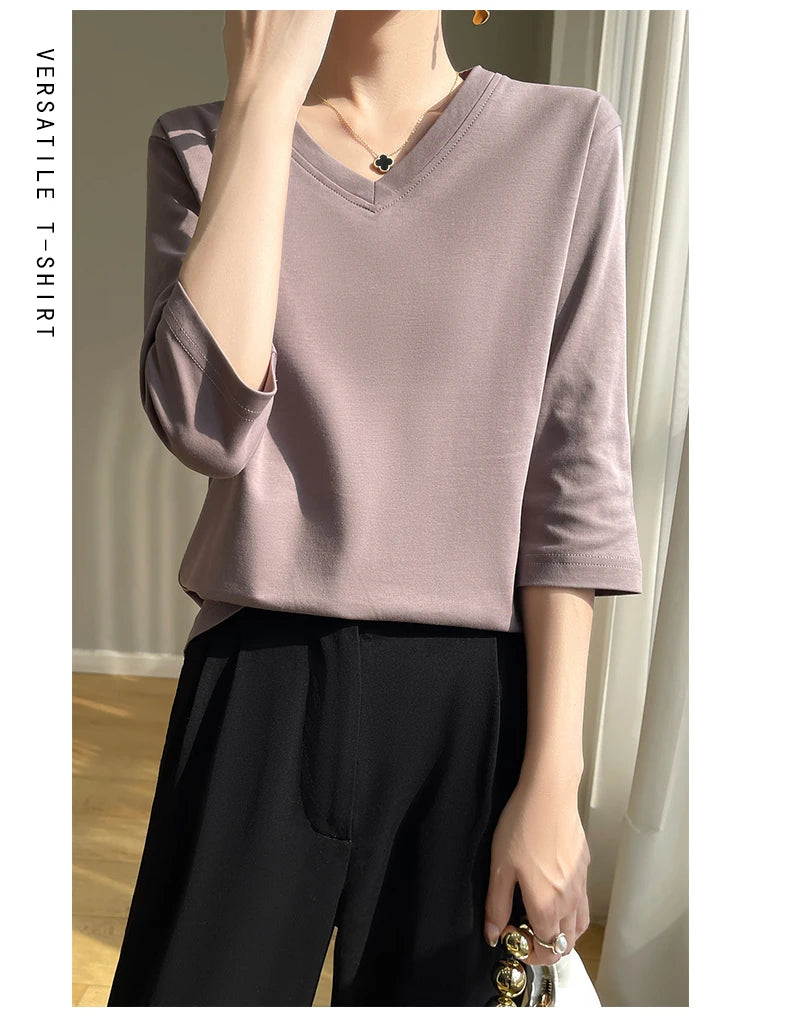 Spring And Summer New Cotton V-neck T-shirt Short-Sleeved Women's Half-Sleeve Bottoming Shirt High-End Cropped Sleeve Top