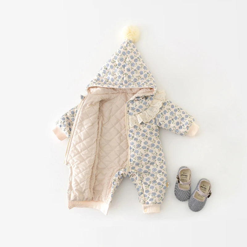 Baby Floral Hooded Winter Jumpsuit - Thick Warm Romper, 0-2 Years
