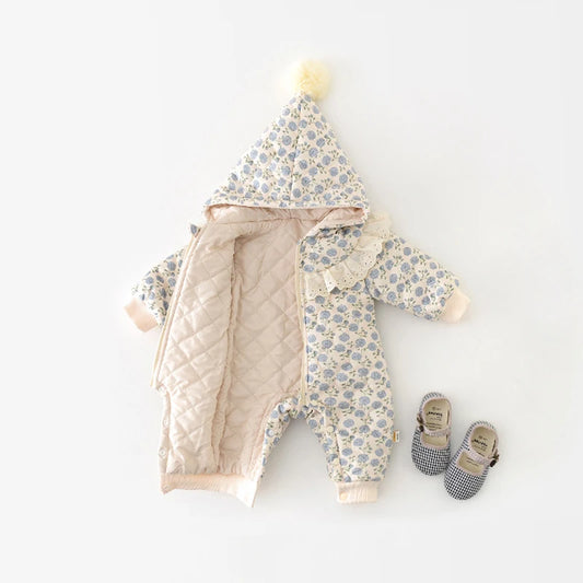 Baby Floral Hooded Winter Jumpsuit - Thick Warm Romper, 0-2 Years