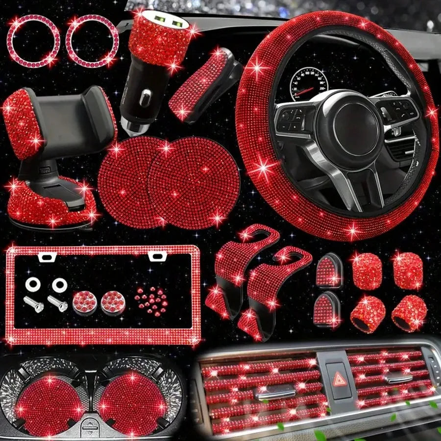 Artificial Diamond Car Steering Wheel Decoration Set Pink Artificial Diamond Steering Wheel Protective Cover, New Fashion Cute Goddess Steering Wheel Cover Set,Car Acessesories Women