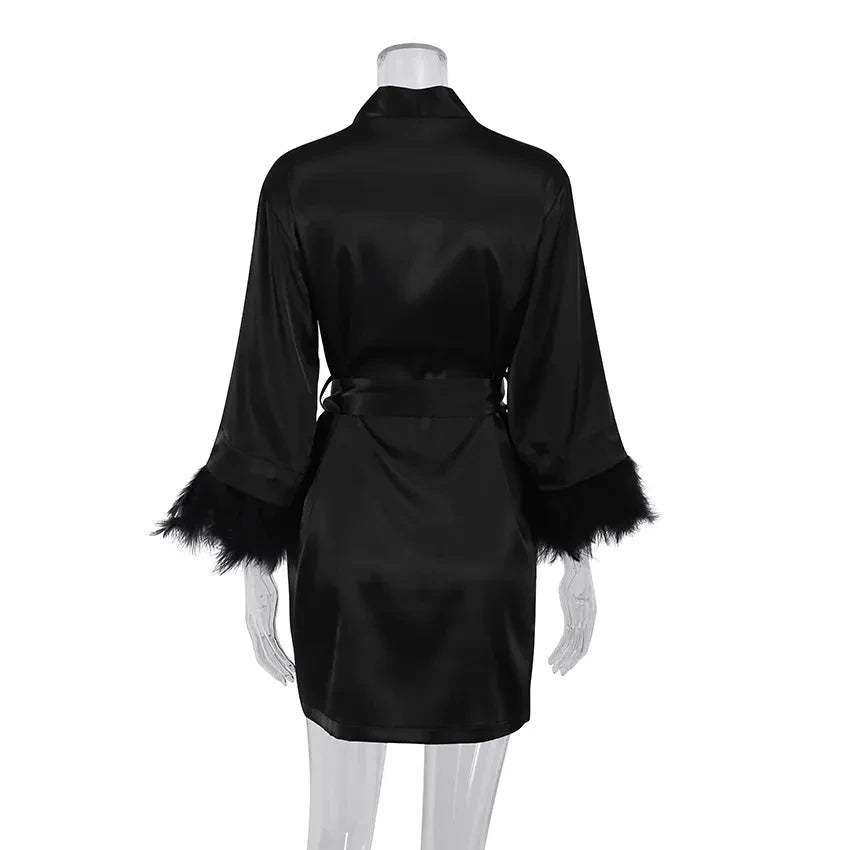 Women's Satin Robe with Feather Trim, Bridal Robe