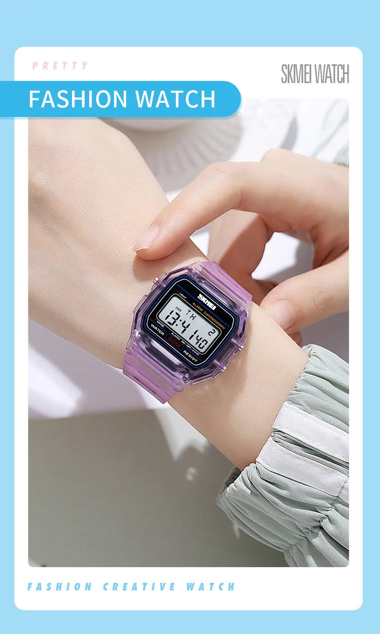 Skmei Women Digital Watches Fashion Transparent Case TPU Strap Led Waterproof Swimming Sports Wristwatch Female Alarm Clock
