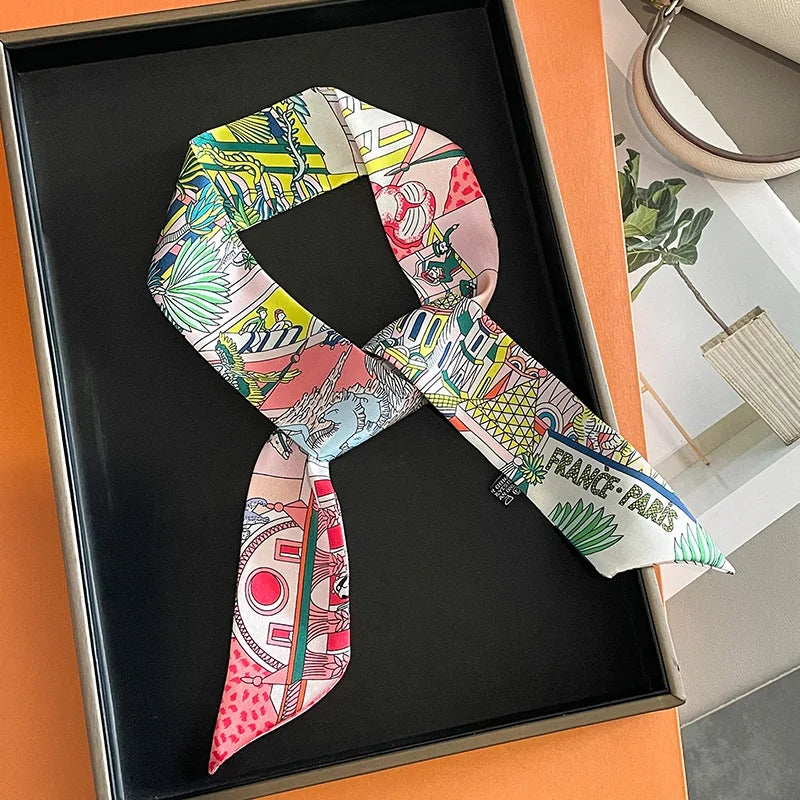 Women's Long Skinny Ribbon Scarf - Printed Hair Tie & Bag Band