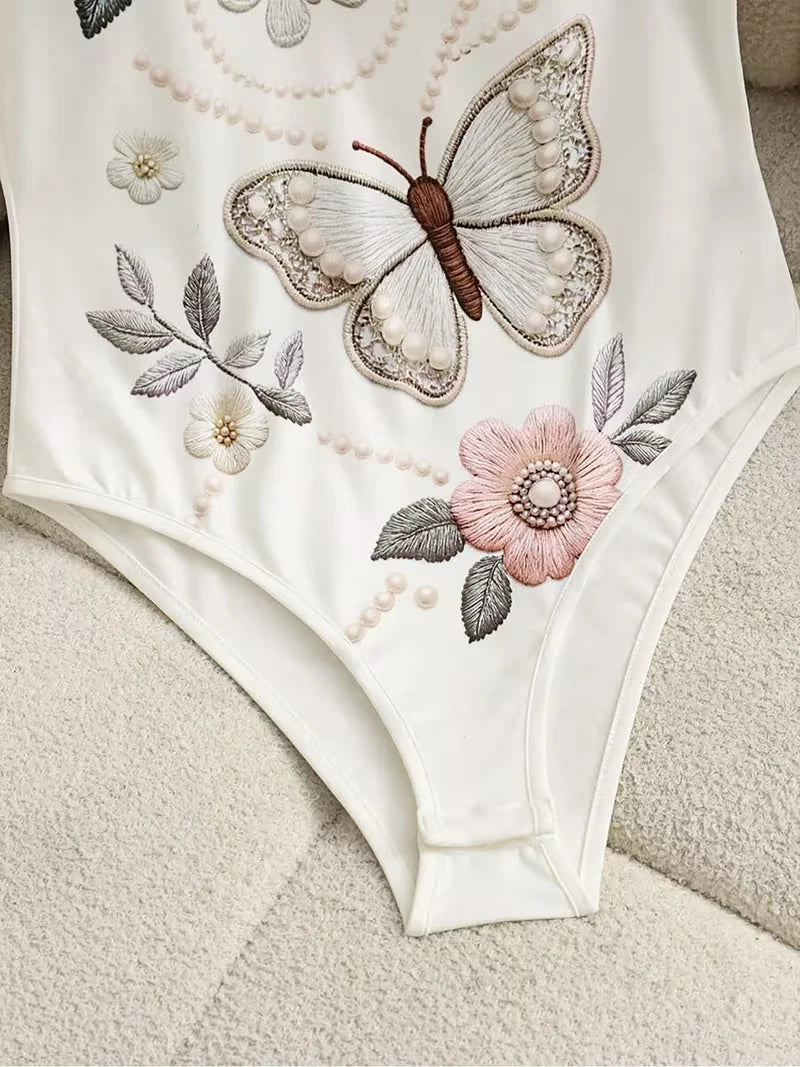 White Butterfly Floral Embroidery Bodysuit Women Spaghetti Strap Ballet Dancewear
