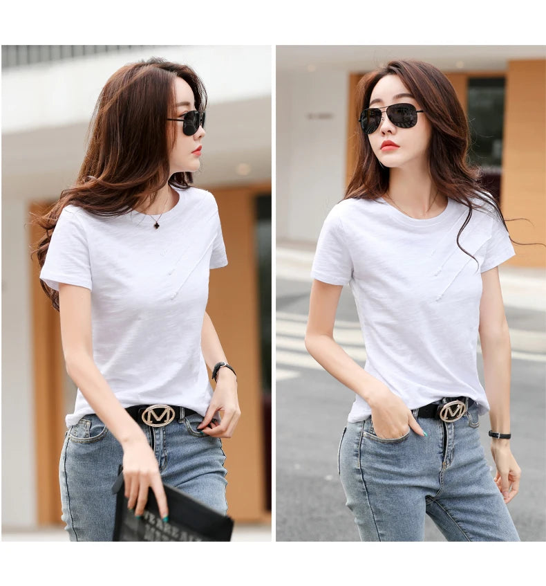 Women's slub cotton button tee, loose crew neck — view 11 of 20