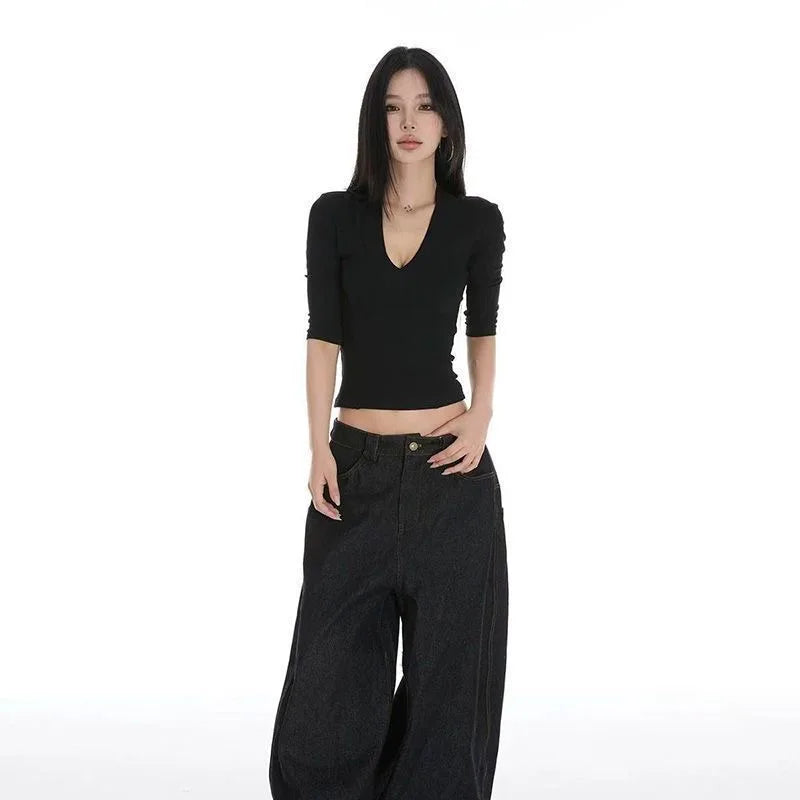 Women's Y2K Black V-Neck Crop T-Shirt - Slim Fit Summer Top