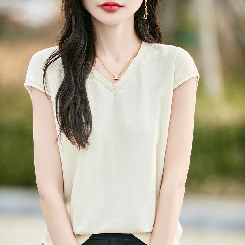 Pure Cotton Hollow Short-Sleeved Ladies Spring And Summer Loose Slim New Joker Knit Bottoming T-Shirt