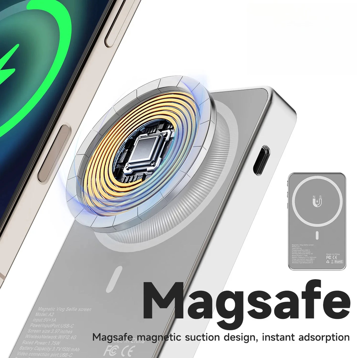 Vlog Selfie Monitor Screen for iPhone & Android, Magnetic Wireless Rear Camera Phone Monitor with 164FT Range for YouTube