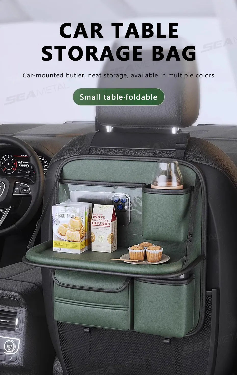 SEAMETAL Car Seat Back Storage Bag Large Capacity Multi-Pocket Backseat Organizer Foldable Dining Table Tablet Tray Hanging Bag