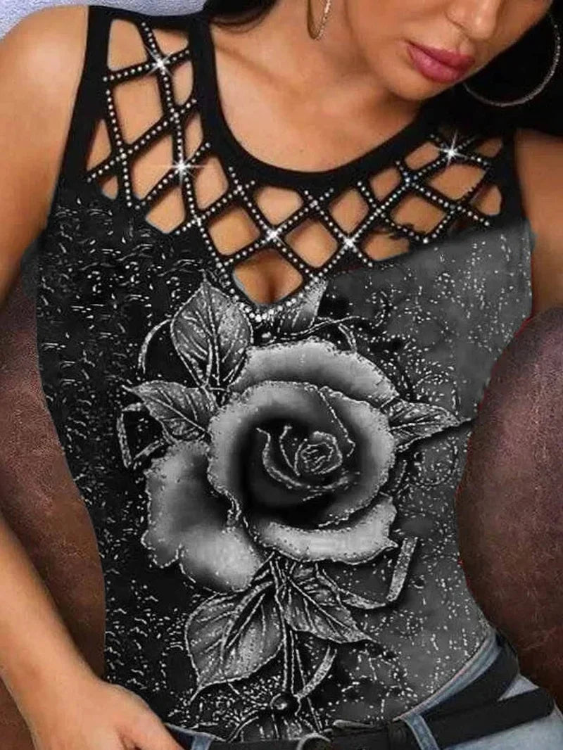 Summer New Women's T-Shirt Camouflage Print Sleeveless Fit Fashion V-Neck Lace Sexy Fashion Casual Women's Clothing