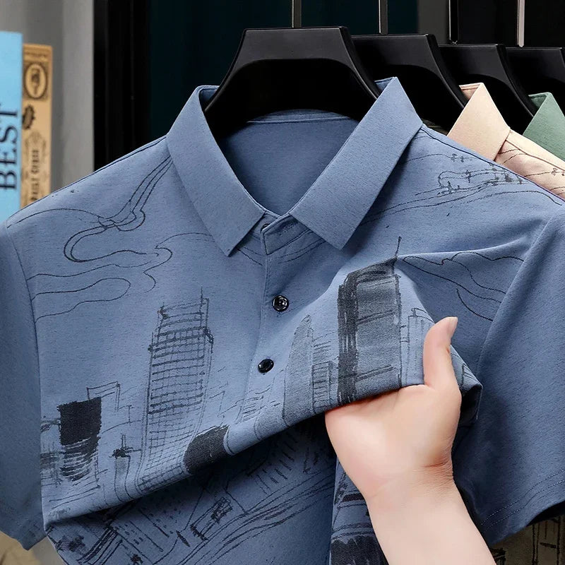 Men's Skyline-Print Polo - Thin Lightweight, Two-Button Lapel