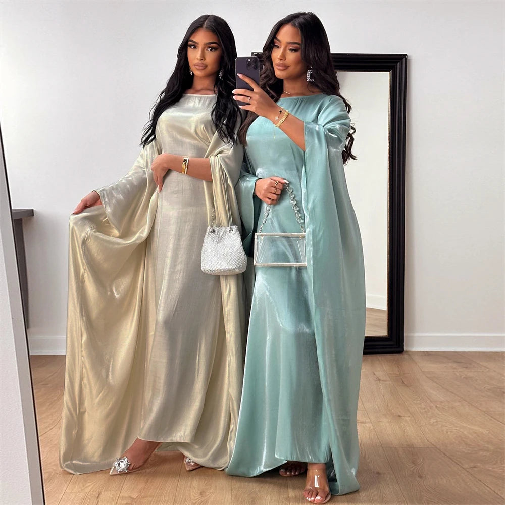 Shimmer Batwing Satin Abaya – Luxury Muslim Kaftan Dress for Eid & Ramadan