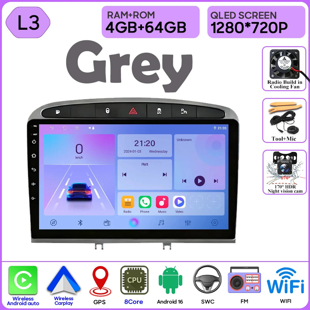 Android 16 Car Radio Player For Peugeot 408 1 2012 - 2020 For Peugeot 308 1 T7 2007 - 2015 Wireless Android Auto Touch Screen 4G