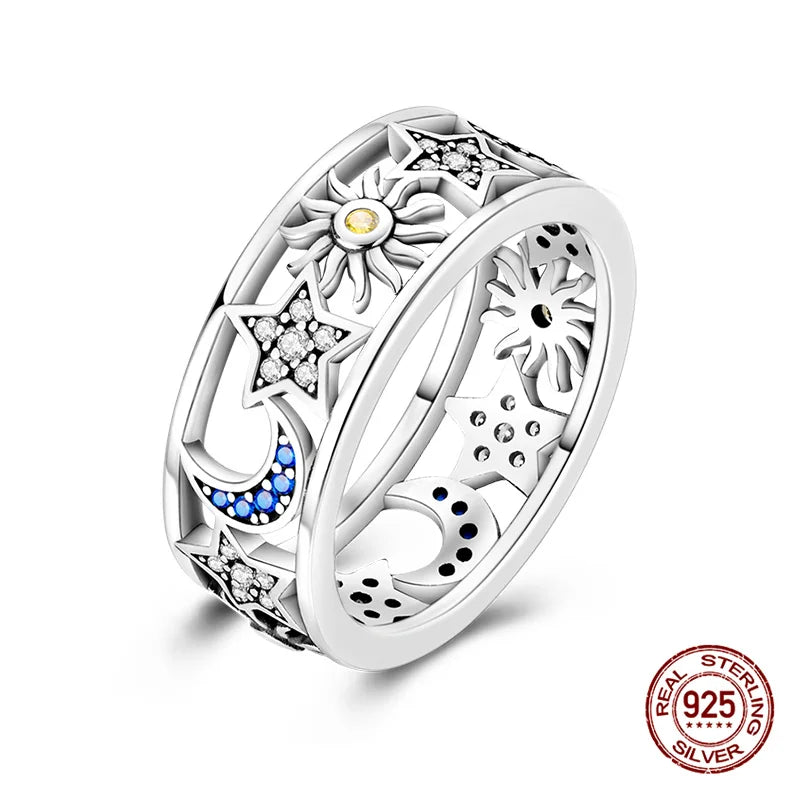 New in 925 Sterling Silver Sun and Moon Love Princess Zircon Oxide Enamel Heart Love Rings Fashion Fine Jewelry For Women Gifts