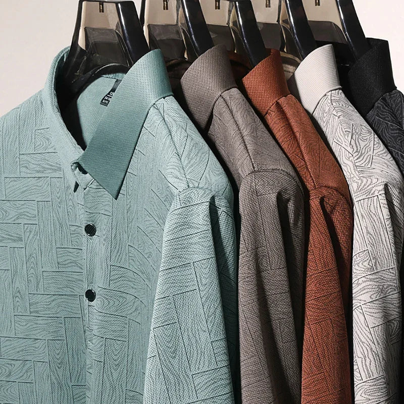 Men's Print Lapel Polo - Wood-Tile Pattern, Half-Button Placket