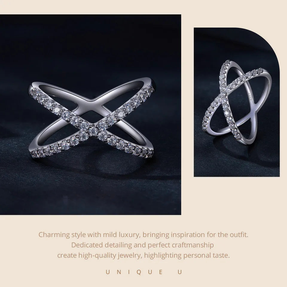 BAMOER Moissanite Criss Cross Wedding Band for Women, D Color VVS1 Moissanite Stackable X Promise Ring Wedding Fine Jewelry