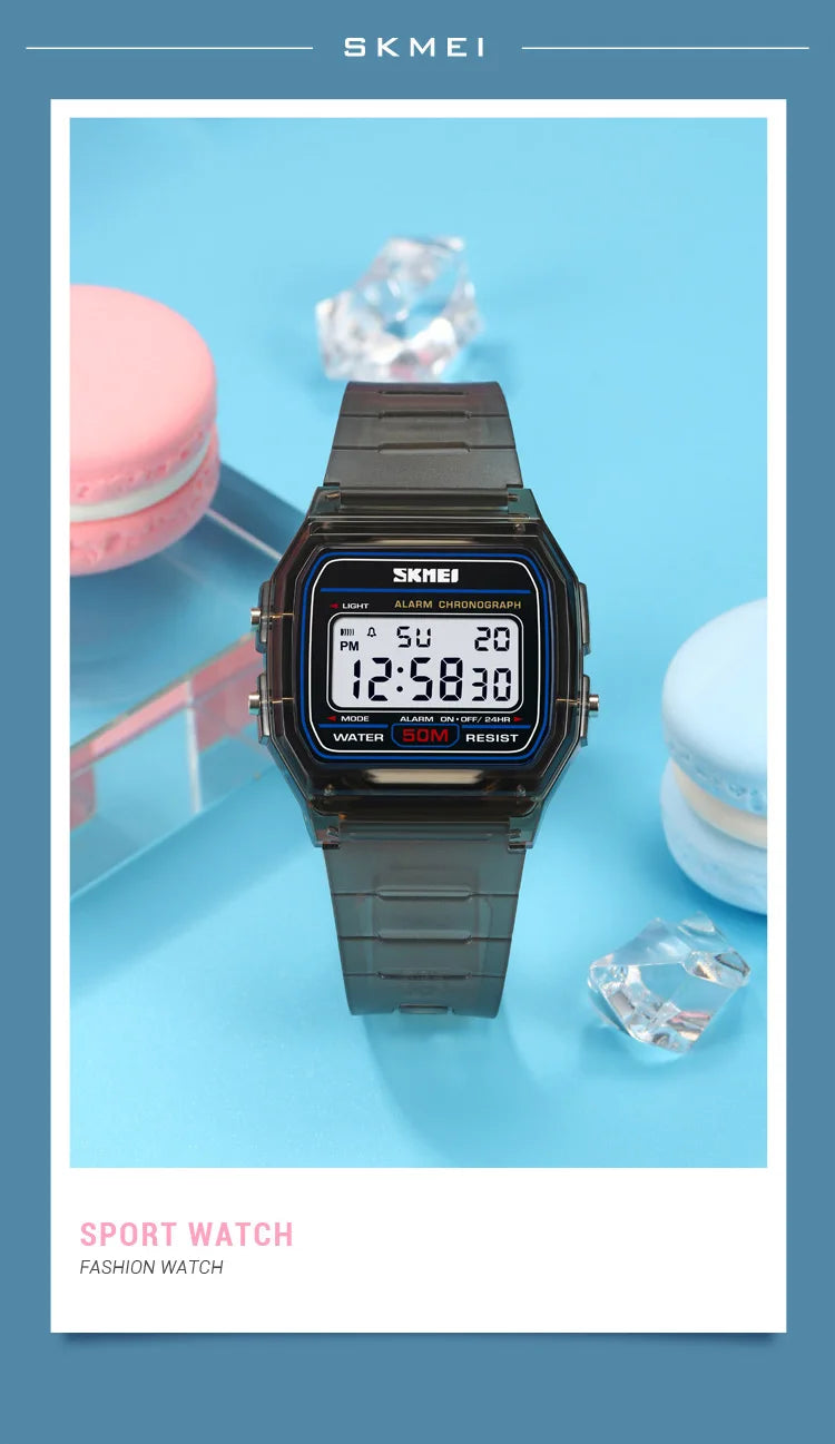Skmei Women Digital Watches Fashion Transparent Case TPU Strap Led Waterproof Swimming Sports Wristwatch Female Alarm Clock