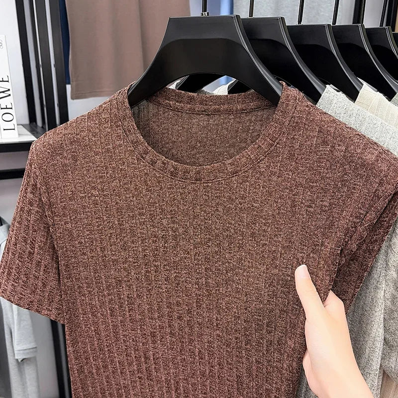 Men's Vertical Ribbed Tee - Crew Neck, Soft Elastic Daily Fabric
