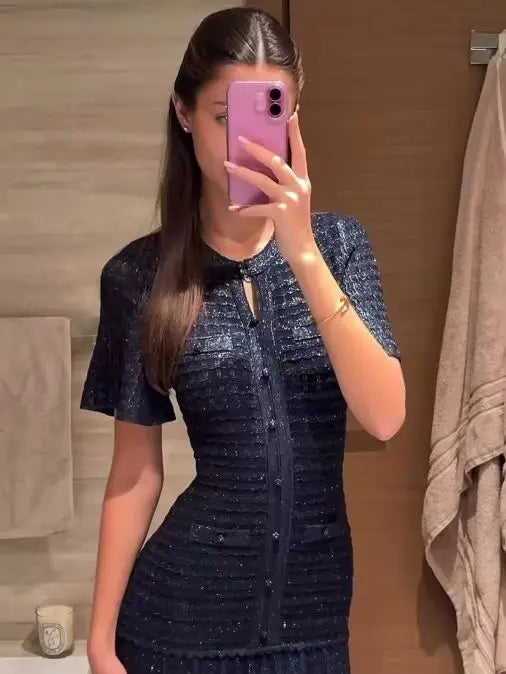Cinched Waist Sequin Maxi Dress for Women Round Neck Short Sleeve Knitted Dresses 2026 NEW Hollow Out Single Breasted Midi Robes