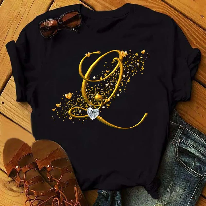 Women's Personalized Letter Graphic Tee — Gold Diamond-Font Monogram Short-Sleeve Top