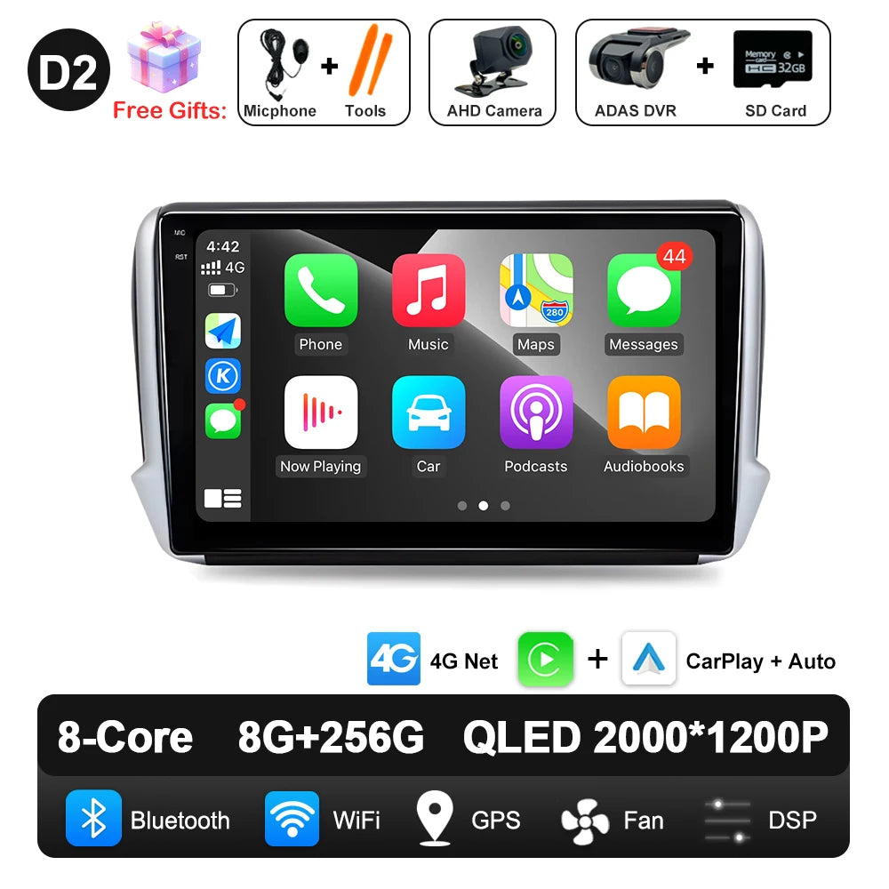 Car Stereo with Apple CarPlay & Android Auto, Compatible with Peugeot 2008 & 208 (2012-2018)