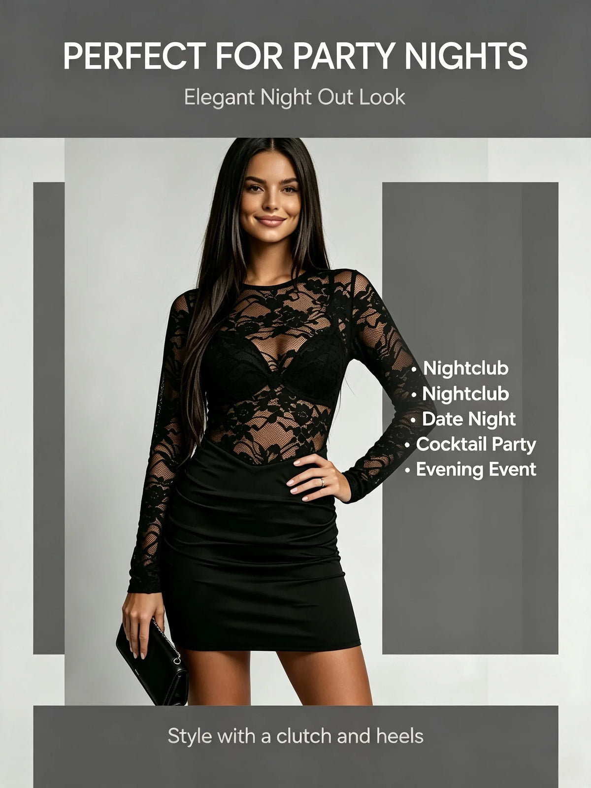 Sexy Black Long Sleeve Sheer Lace Bodycon Dress - Crew Neck Waist Ruched Slim Fit Mini Gown, For Night Club Party Date Outfits