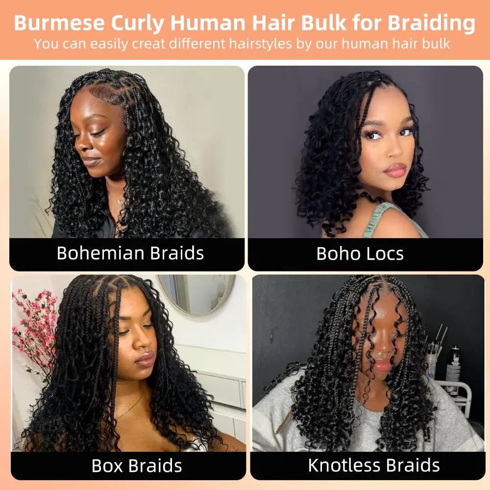 15A Human Braiding Hair for Boho Braids — Burmese Curly Bulk Bundles