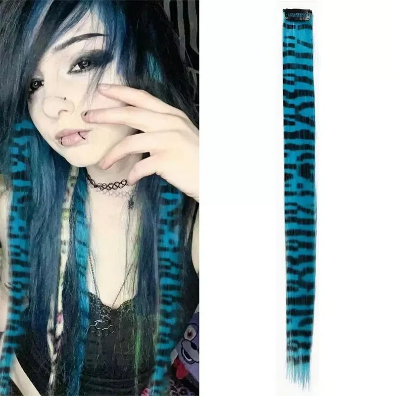 3pcs/set Stripe Printed Hair Colorful Long Straight Hair Pieces Synthetic Clip-in Hair Extensions for Daily Use Party Halloween