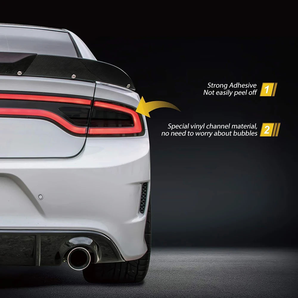 4x Tail Light Smoked Tint Vinyl Overlay – Pre-Cut, Compatible with Dodge Charger 2015–2022