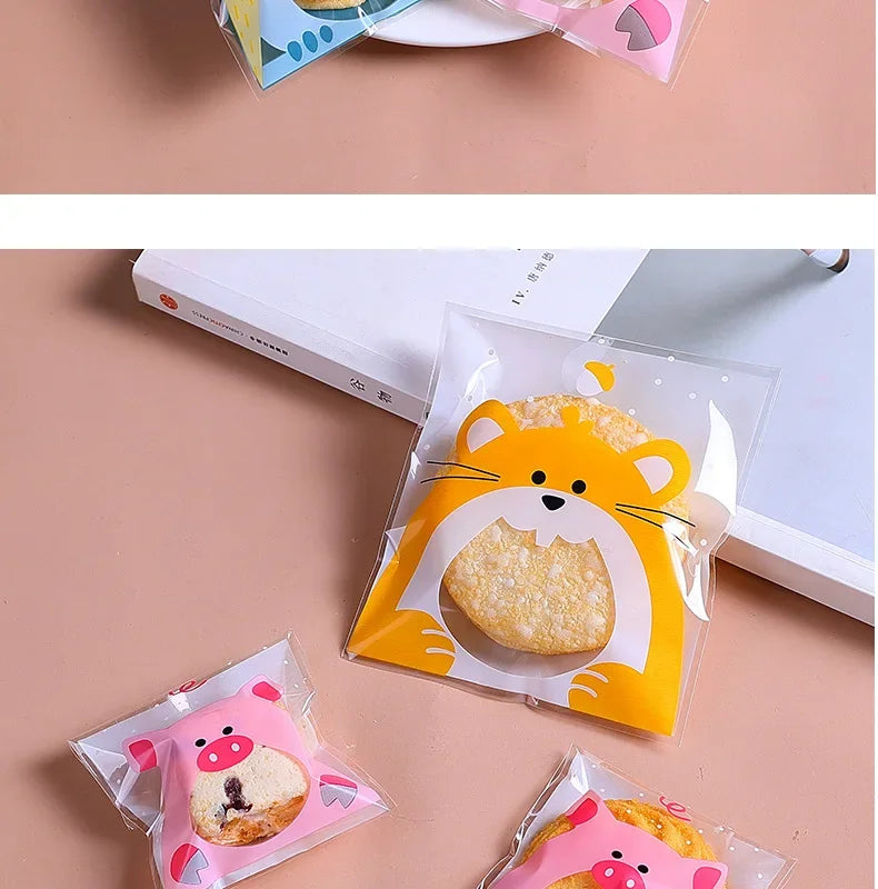 100Pcs Plastic Transparen Cartoon Candy Cookie Plastic Bags Self-Adhesive For Biscuits Snack Baking Package Kids Gift DIY