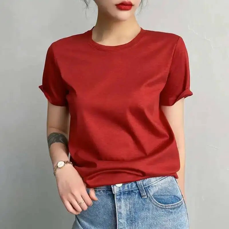 Women's Luxury Mulberry Silk Cotton T-Shirt – Loose Round Neck Short Sleeve Solid Basic Top