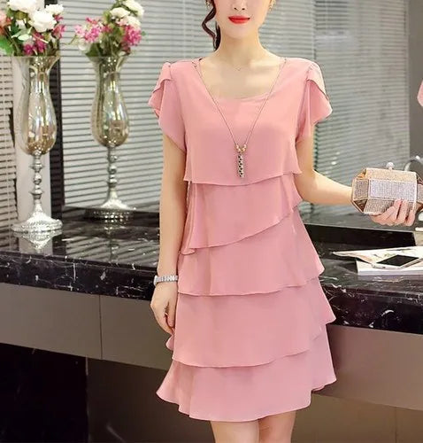 Women's Ruffle Chiffon Mini Dress — Sweet Solid Short-Sleeve O-Neck Dress