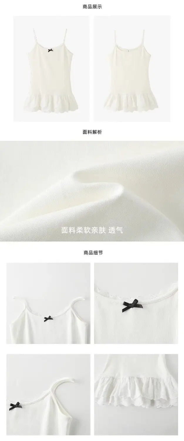 Women Patchwork Lace White Suspender Vest Trim Bottom Hem Layer Skinny Halter Tops Ruffle Edge Skin-friendly Breathable Vest