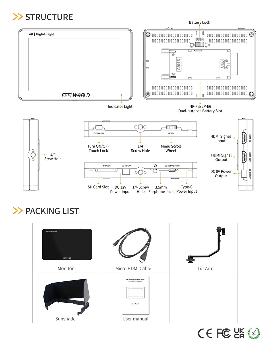 FEELWORLD F6 PLUSX Touch Screen 5.5 Inch Portable Monitor Accurate Waveform Monitoring Camere DSLR 3D LUT Full HD 1920x1080