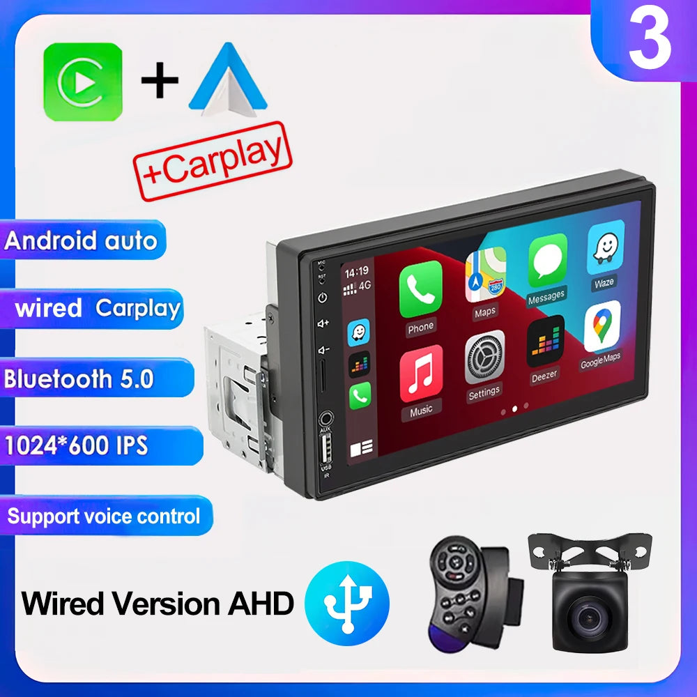 7" IPS 1-DIN Car Stereo — CarPlay, Android Auto, FM Receiver, HD Touchscreen